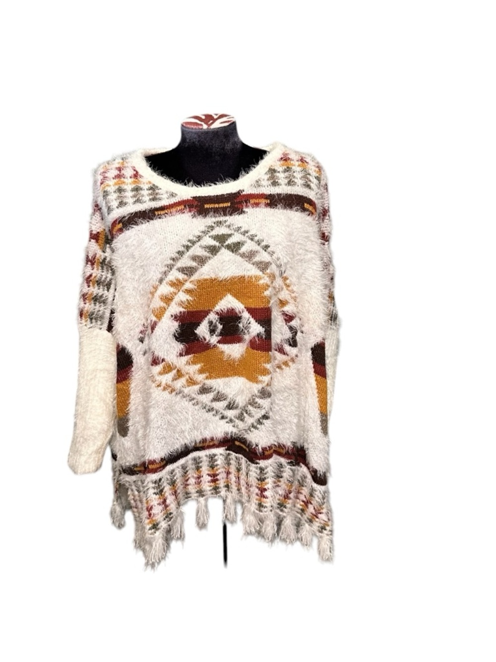 Altar’d State Southwest Fuzzy Oversized Sweater Tassels Size Small/Medium